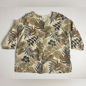 Hot Cotton 100% Linen 3/4 Sleeve Top Cream Brown Floral Leaf Print Size XL